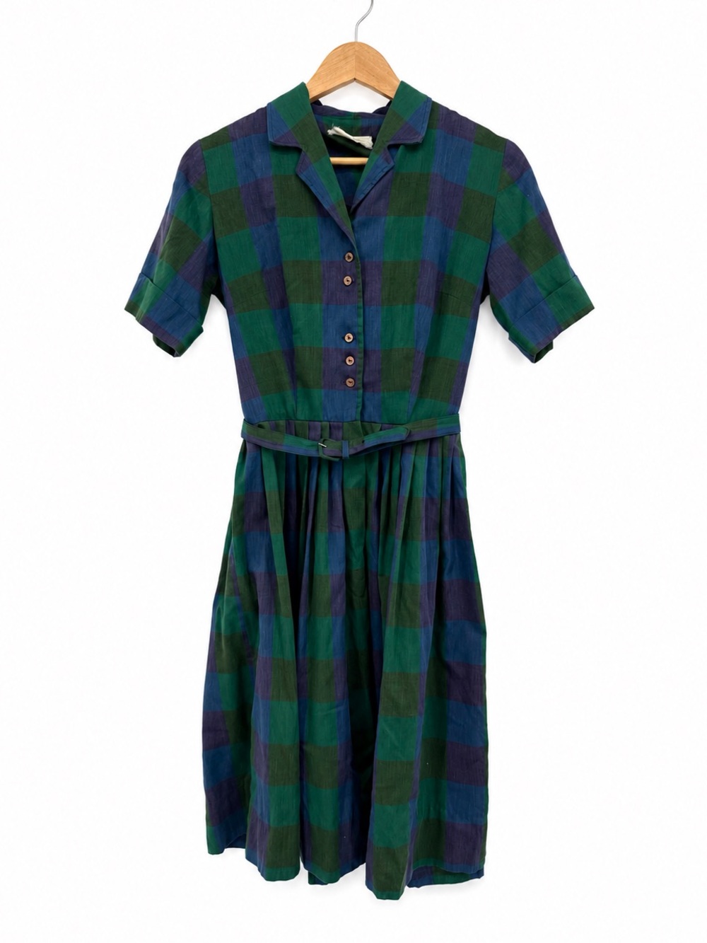 Vintage Hob Nobber Green Blue Plaid Belted Shirt Dress Midi Cottage Academia